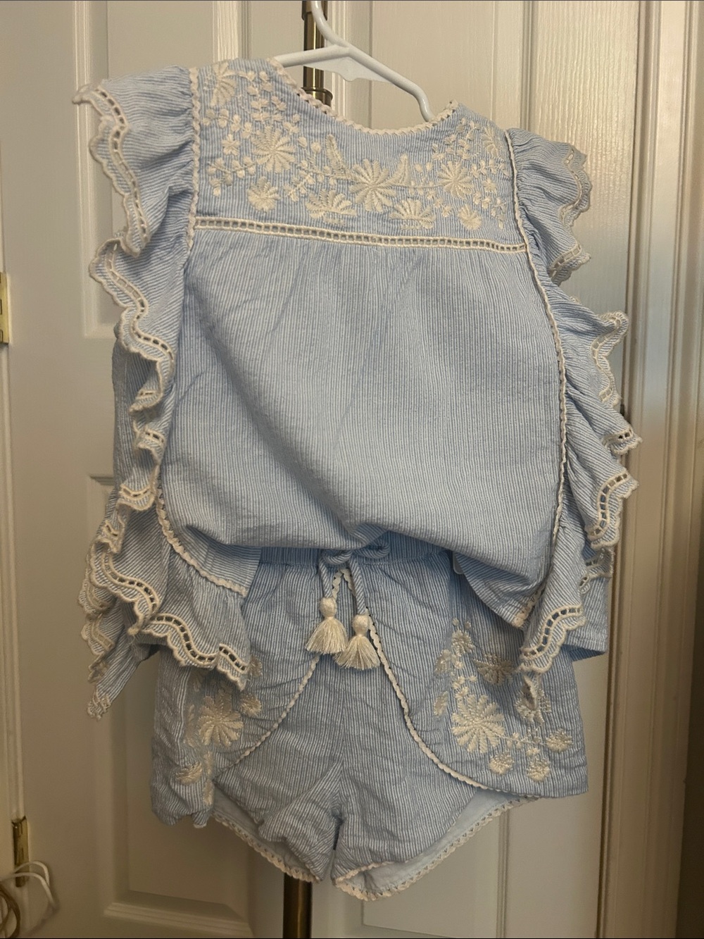 Louise Misha Light Blue striped Embroidered Ruffle Two-Piece Set